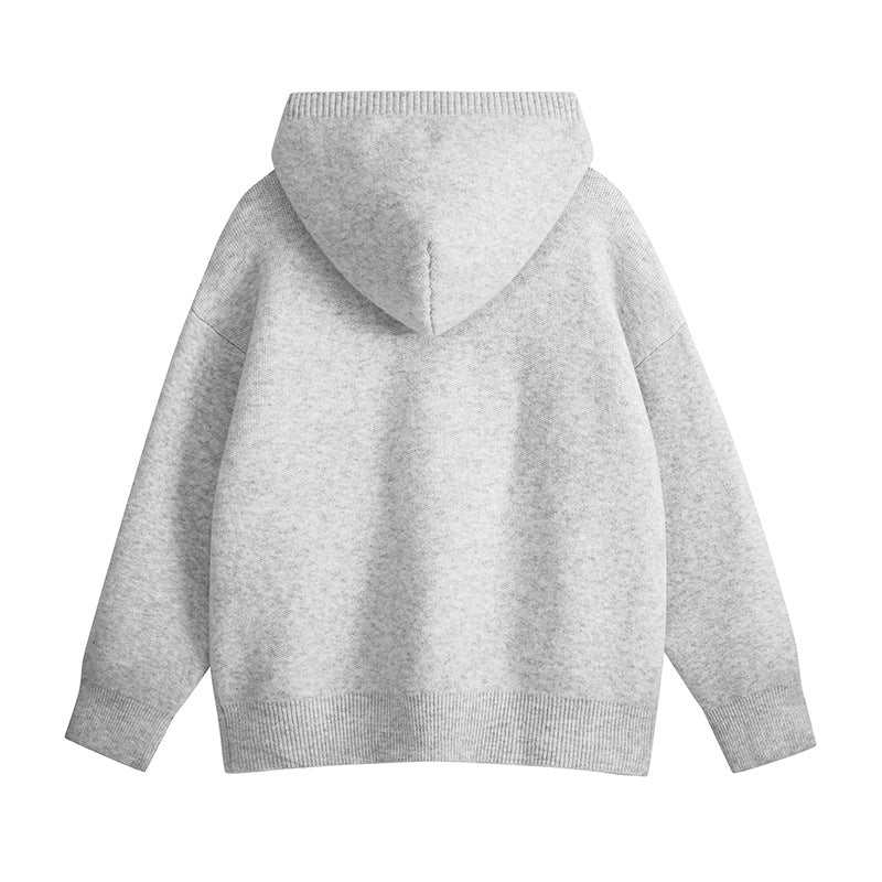 Preppy Style Solid Color Double-Zip Hooded Cardigan Sweater Coat